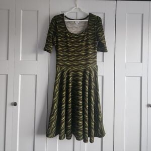 LuLaRoe Olive and Brown Geometric Midi Dress